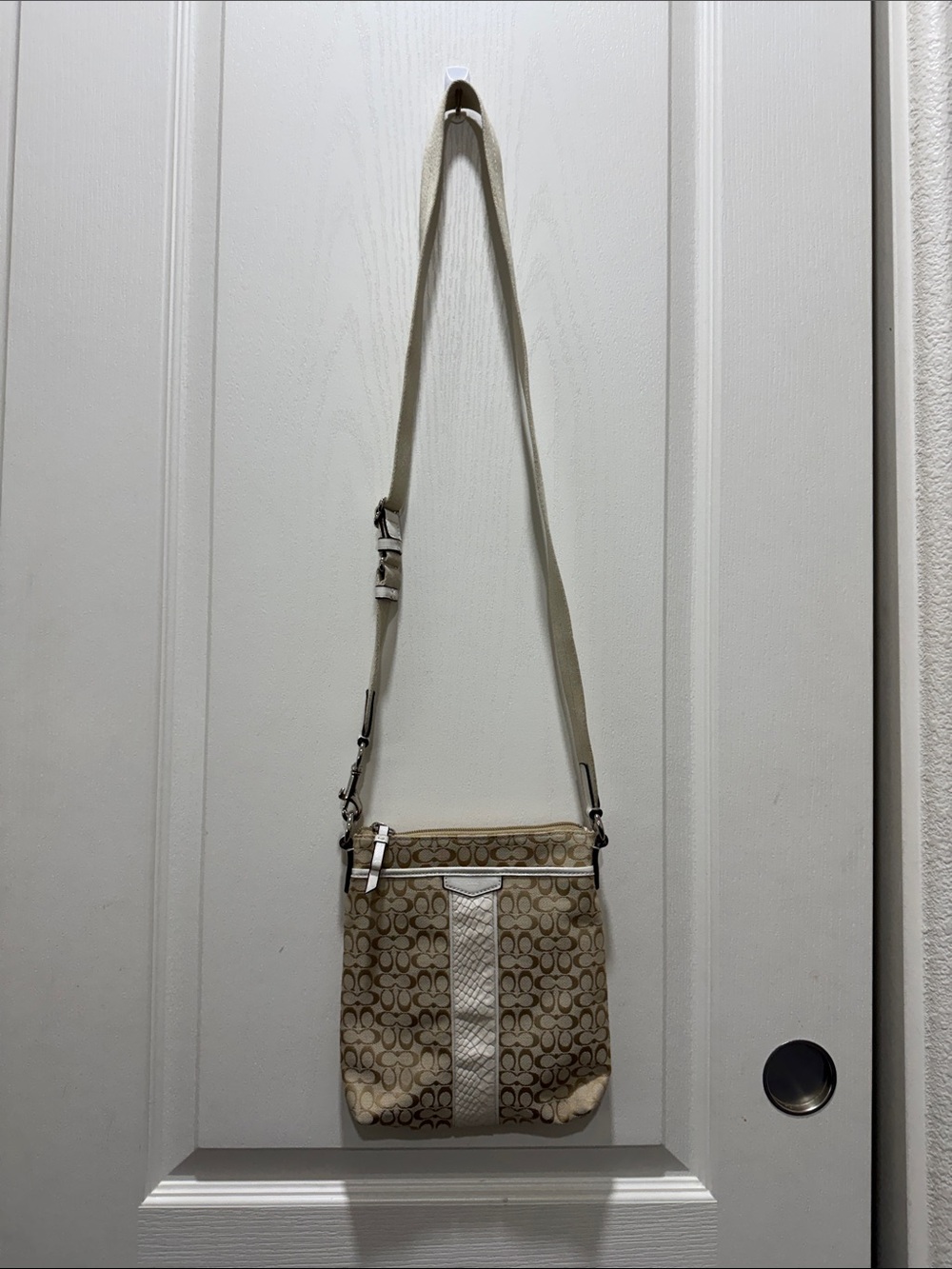 Coach Signature File Crossbody Bag Khaki White Snake Embossed Trim